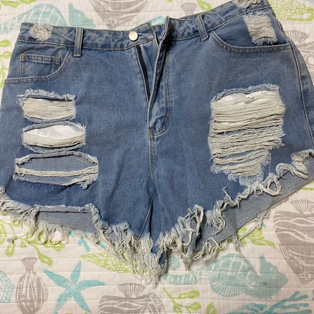 SHEIN Blue Distressed Jean Shorts with Frayed Hem